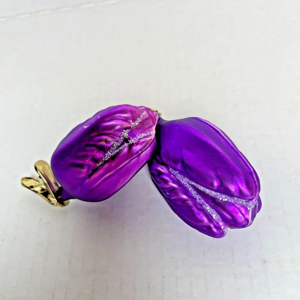 VTG. 2 Clip On Purple Roses with Glitter Blown Glass Ornaments Made in Germany